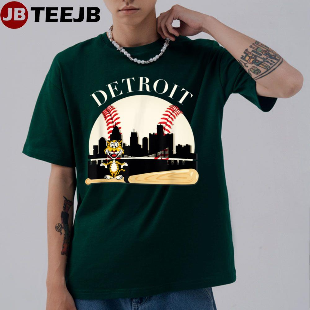 Detroit Baseball Tiger Mascot And Skyline Design Unisex T-Shirt