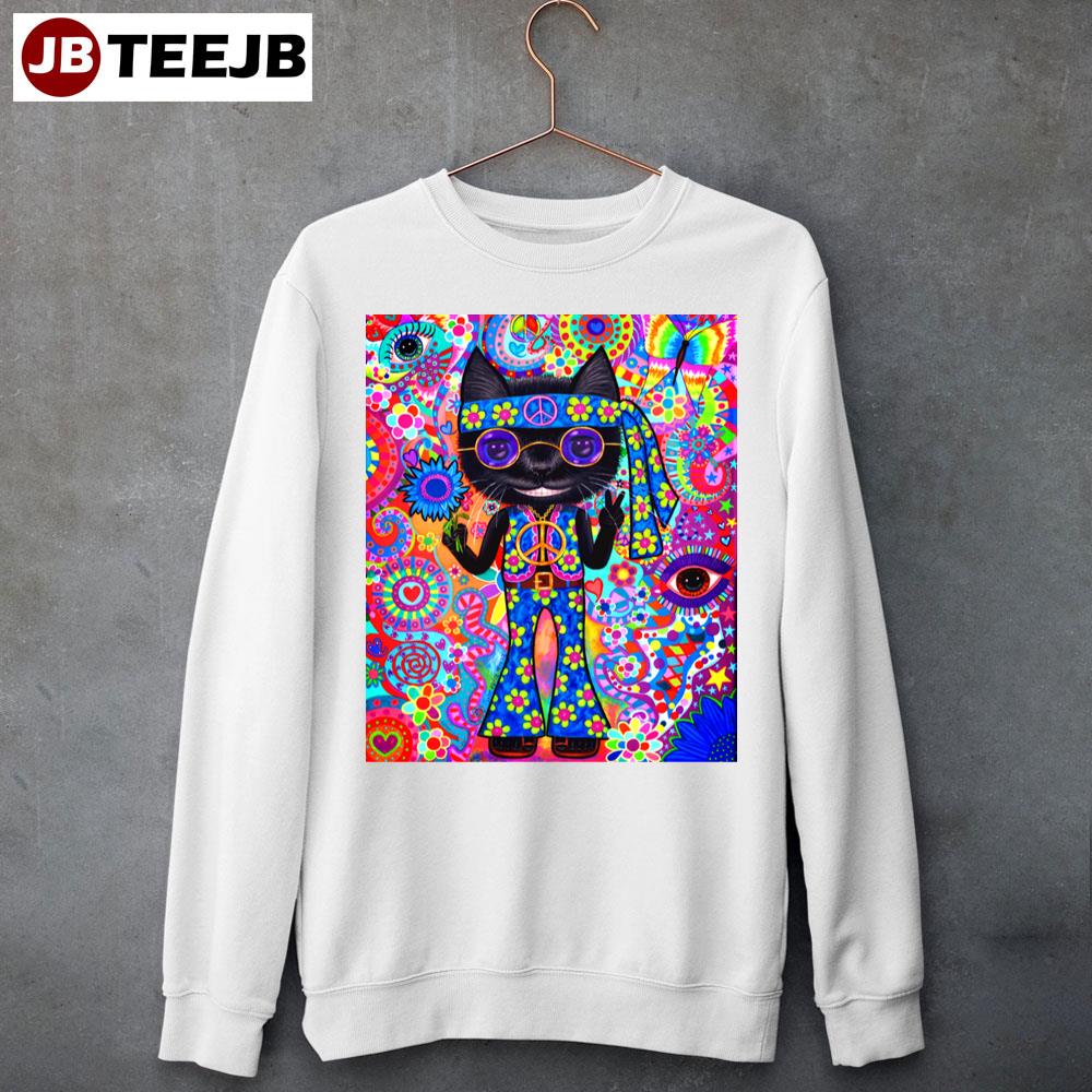 Happy Hippie Cat Sunglasses Peace Sign Flower ’60s Unisex Sweatshirt