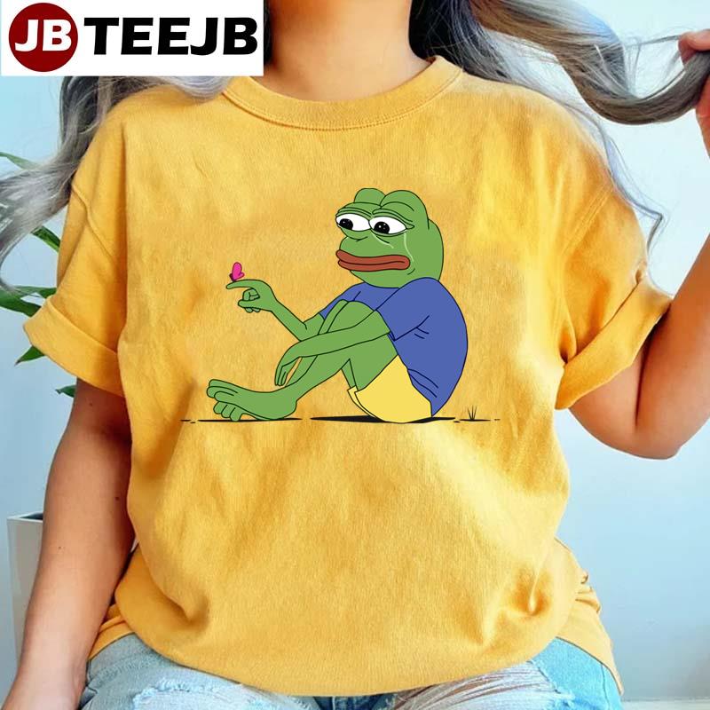 Pepe The Frog Meme Sad Crying Pepethefrog With Butterfly Landing On Finger Unisex T-Shirt