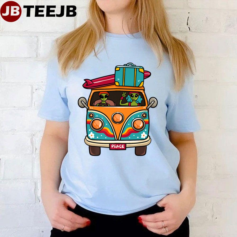 Vintage Hippie Van Flower Bus Aliens Peace Sign Unisex T-Shirt