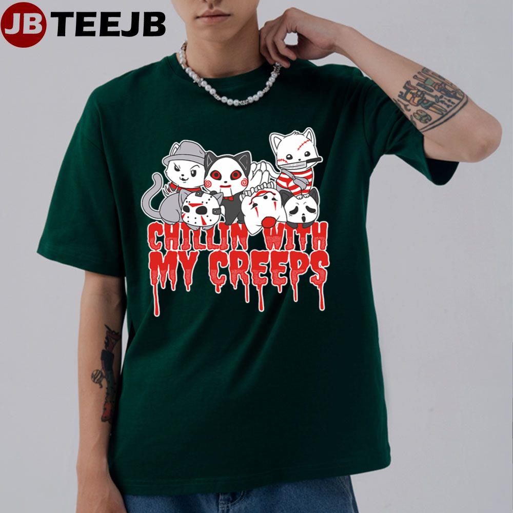 Chillin With My Creeps Cat Horror Serial Killer Halloween Unisex T-Shirt