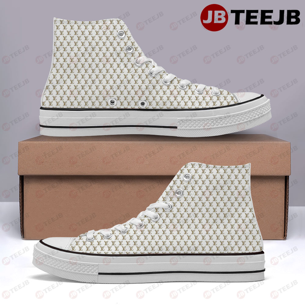 Gold And White Background Louis Vuitton High Top Retro Canvas Shoes