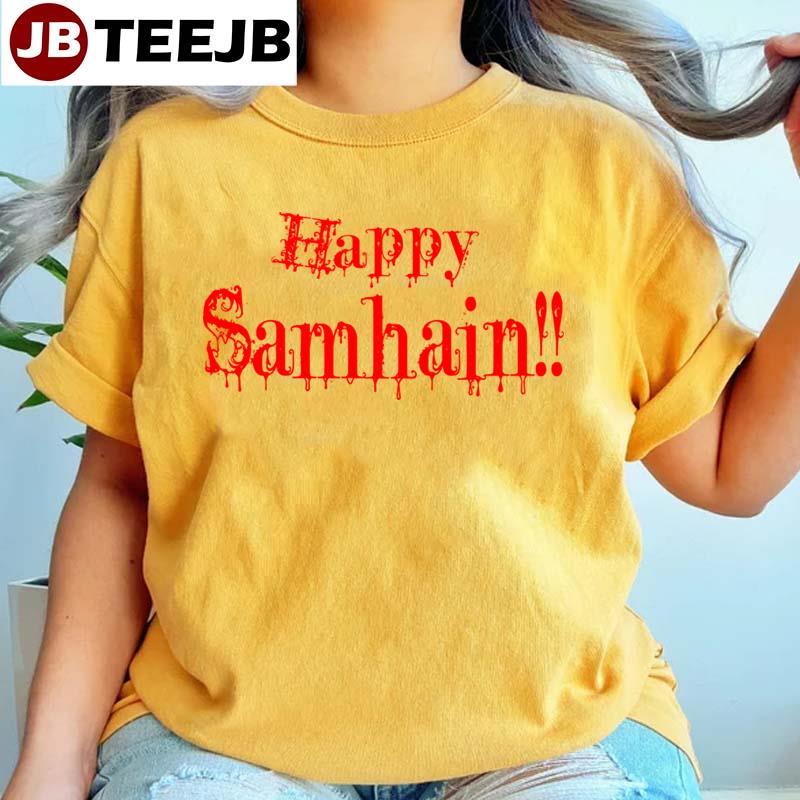 Red Art Text Happy Samhain Band Unisex T-Shirt