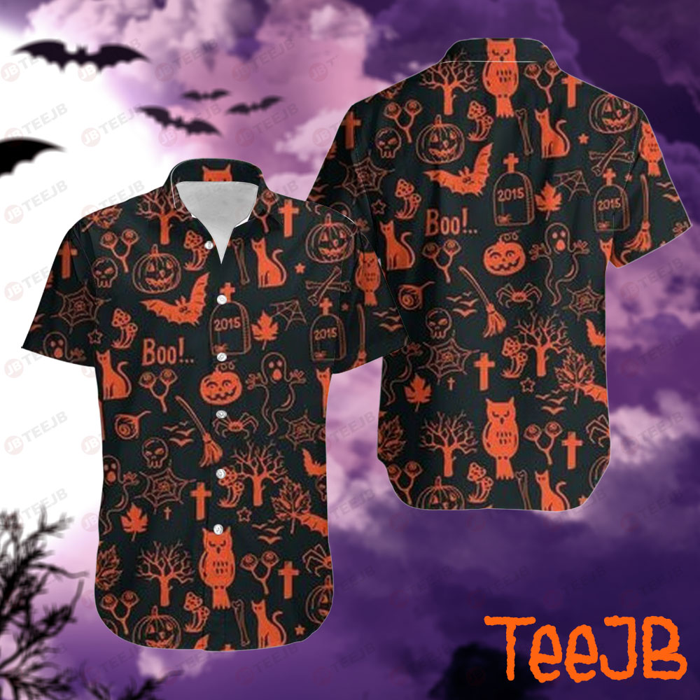 Bats Cats Pumpkins Halloween Pattern 011 Hawaii Shirt