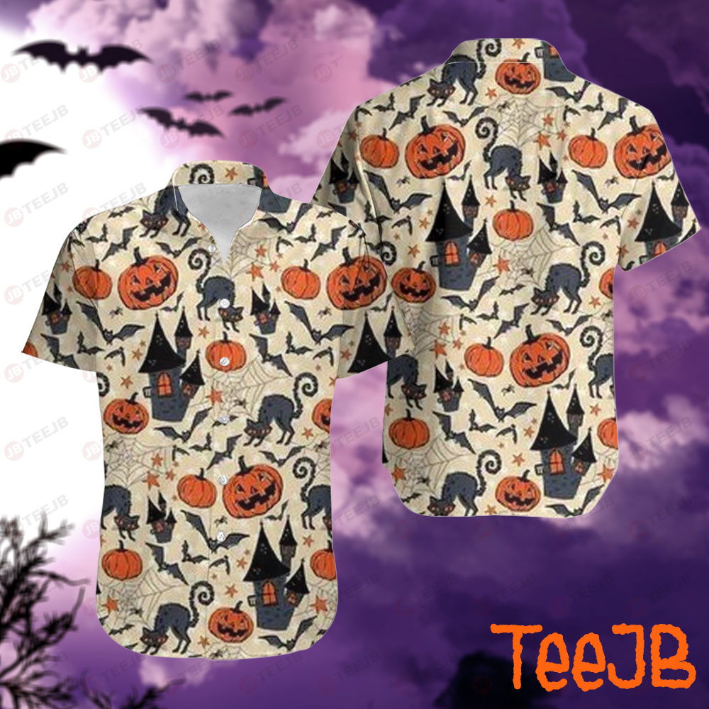 Bats Cats Pumpkins Halloween Pattern 303 Hawaii Shirt