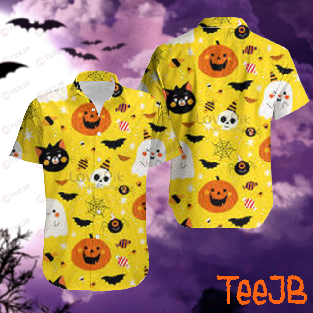 Bats Ghosts Pumpkins Halloween Pattern 106 Hawaii Shirt