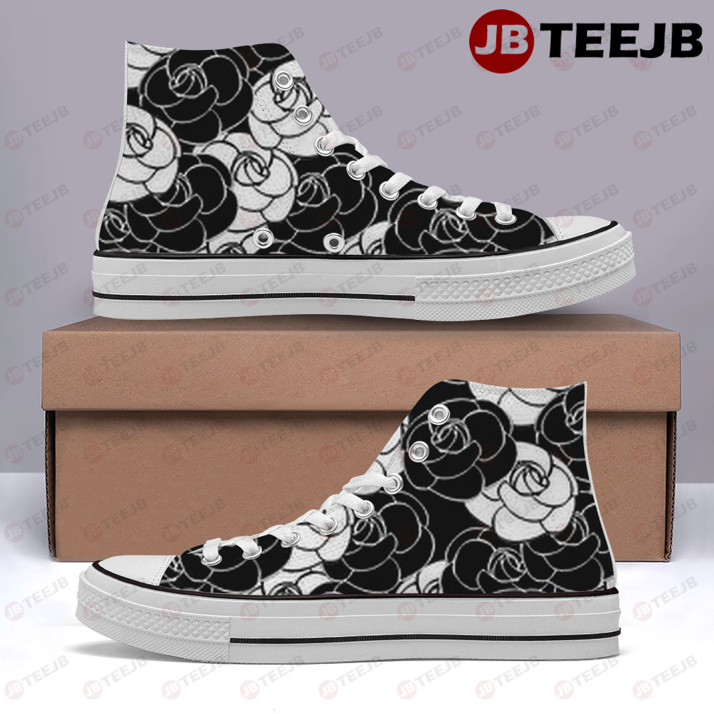 Black White Flower Chanel High Top Retro Canvas Shoes