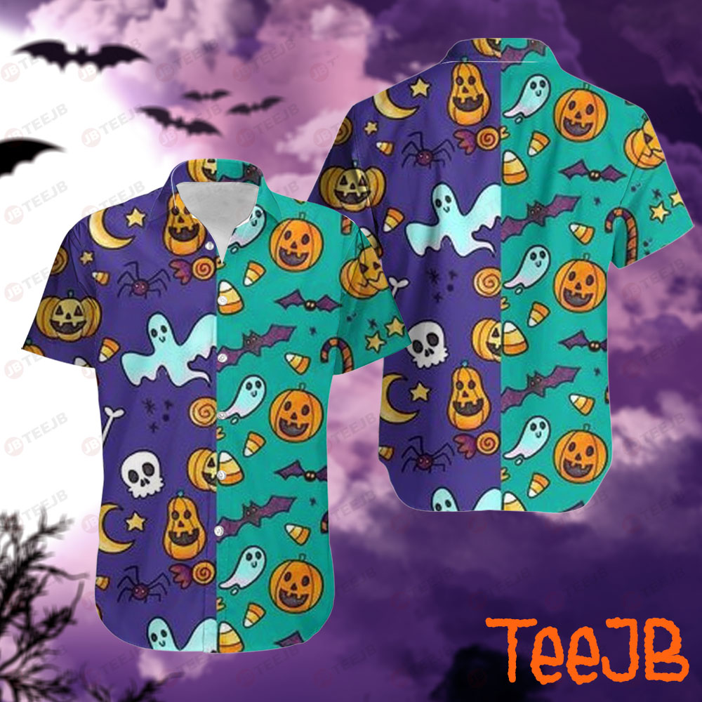 Candy Spiders Skulls Bats Boos Pumpkins Halloween Pattern Hawaii Shirt