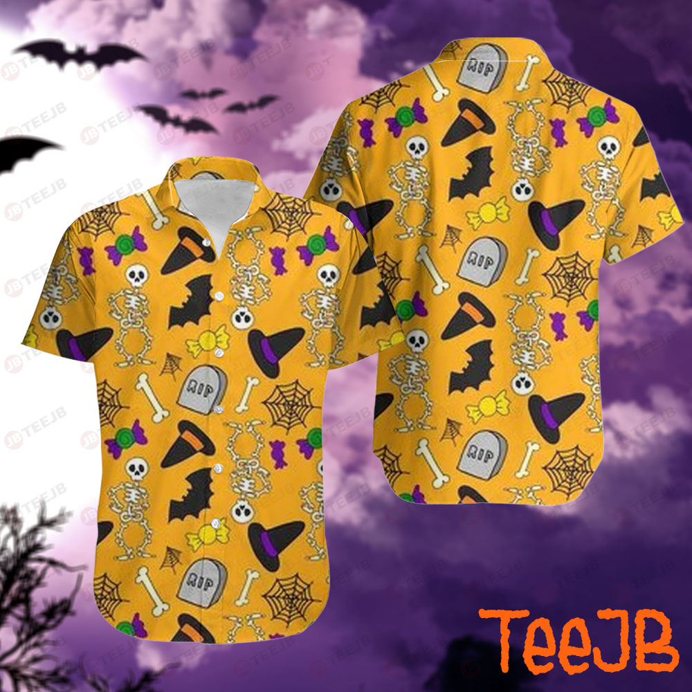 Candy Witch Hats Spiders Skulls Bats Halloween Pattern Hawaii Shirt
