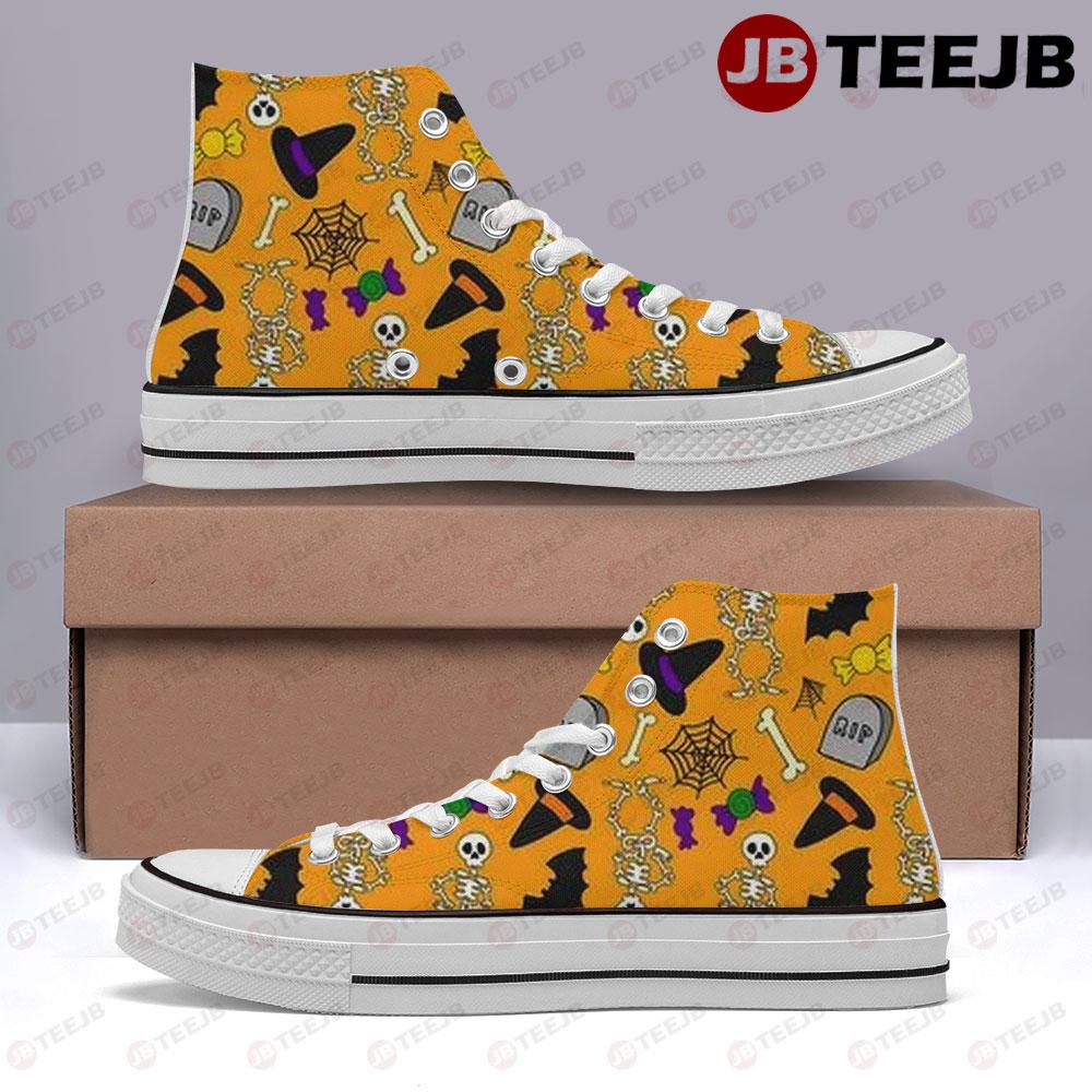 Candy Witch Hats Spiders Skulls Bats Halloween Pattern TeeJB High Top Retro Canvas Shoes