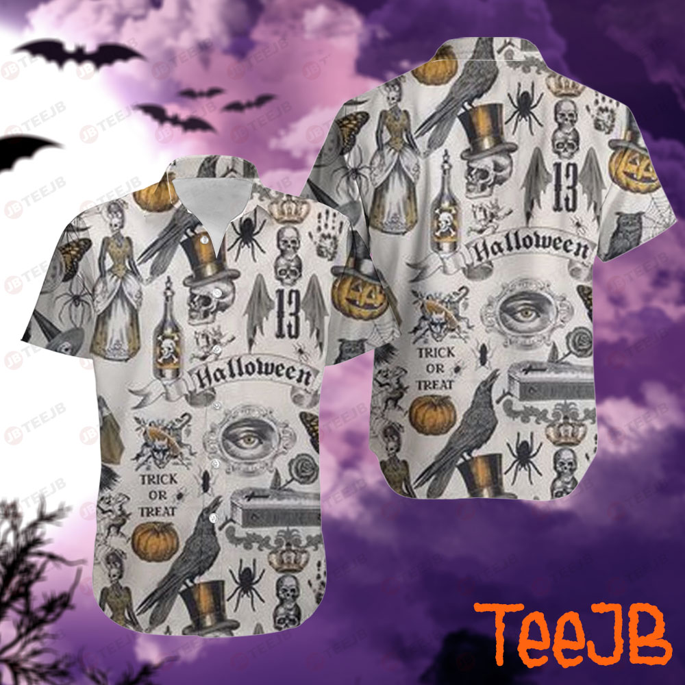 Crows Skulls Bats Cats Pumpkins Halloween Patte Hawaii Shirt