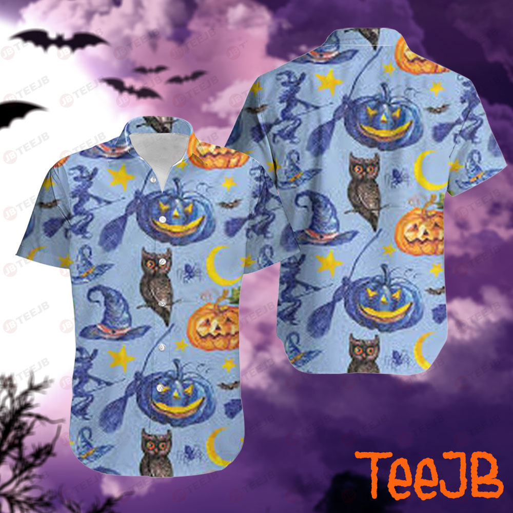 Owl Witch Hats Pumpkins Halloween Pattern Hawaii Shirt