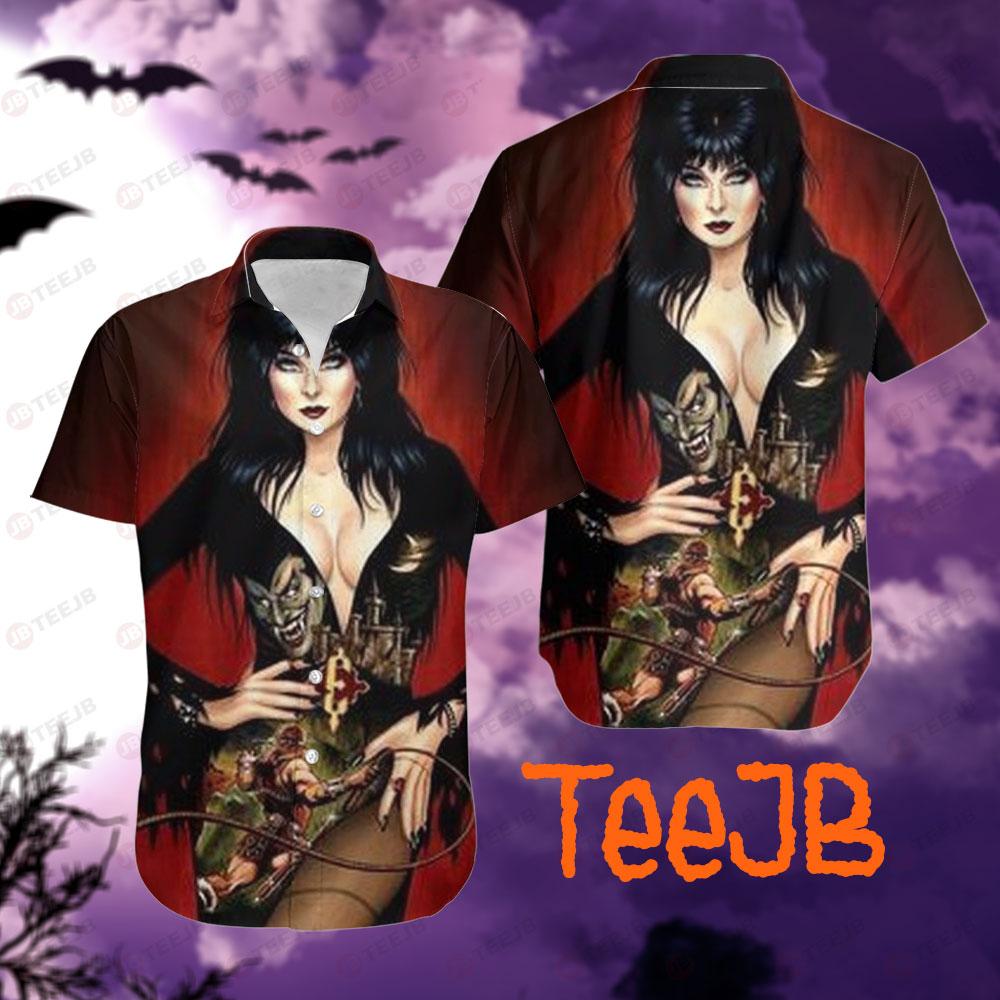 Red Background Elvira Mistress Of The Dark Halloween TeeJB Hawaii Shirt