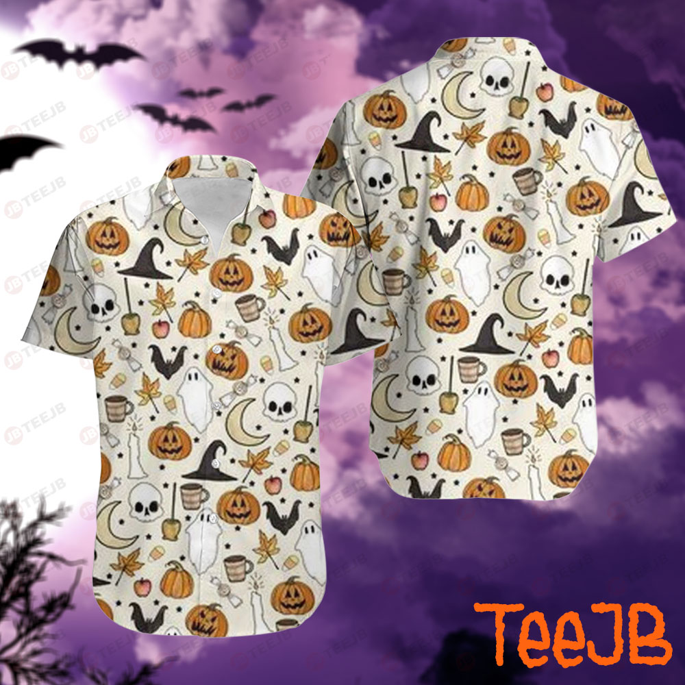 Skulls Bats Ghosts Pumpkins Halloween Pattern Hawaii Shirt