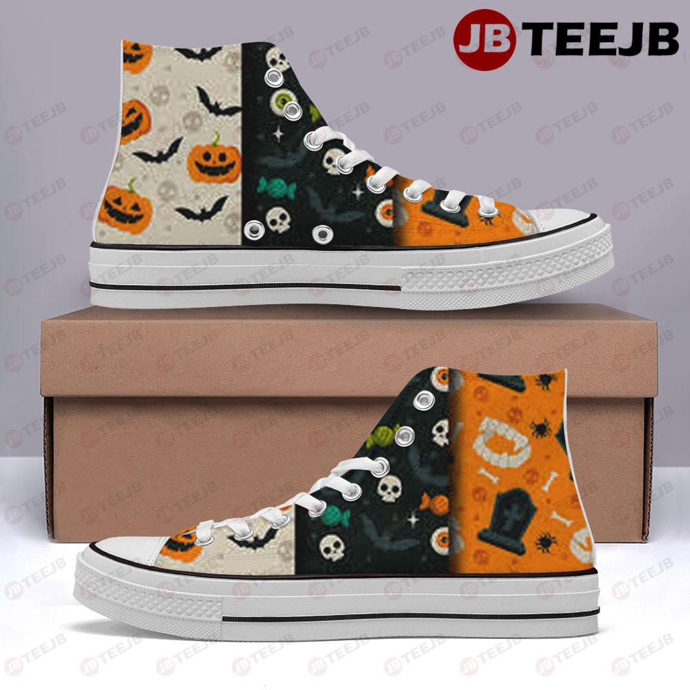 Skulls Bats Pumpkins Halloween Pattern 033 TeeJB High Top Retro Canvas Shoes