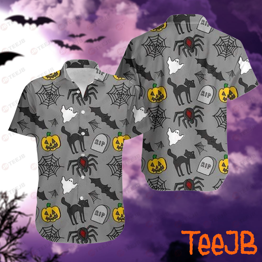 Spiders Bats Cats Boos Pumpkins Halloween Pattern 009 Hawaii Shirt