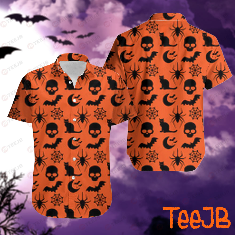 Spiders Skulls Bats Cats Halloween Pattern Hawaii Shirt