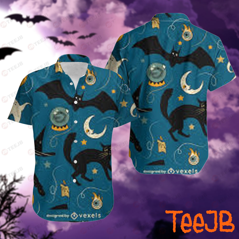 Witch Hats Bats Cats Ghosts Pumpkins Halloween Pattern Hawaii Shirt