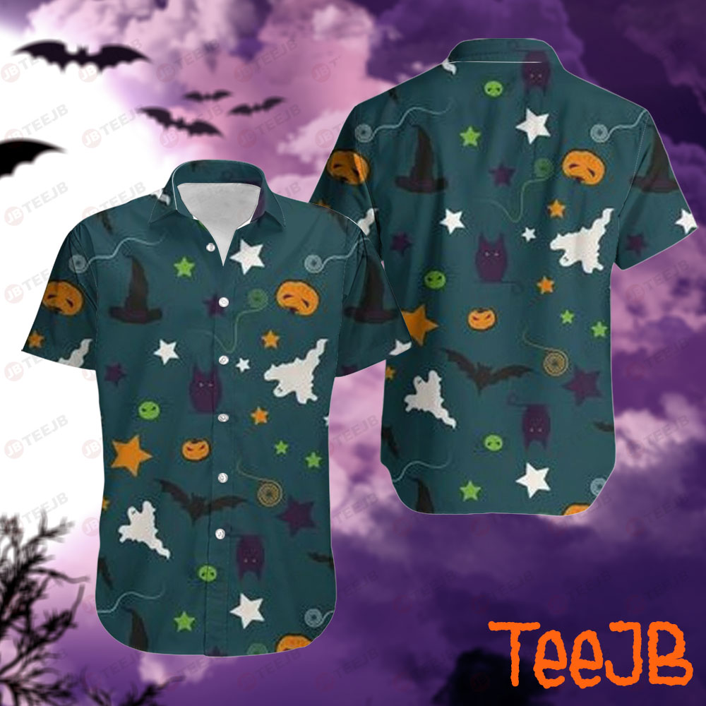 Witch Hats Bats Ghosts Pumpkins Halloween Pattern 173 Hawaii Shirt