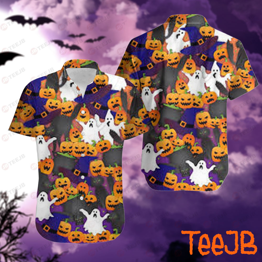 Witch Hats Ghosts Pumpkins Halloween Pattern Hawaii Shirt
