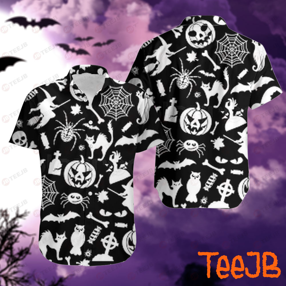 Witch Hats Spiders Skulls Bats Boos Pumpkins Halloween Pattern Hawaii Shirt