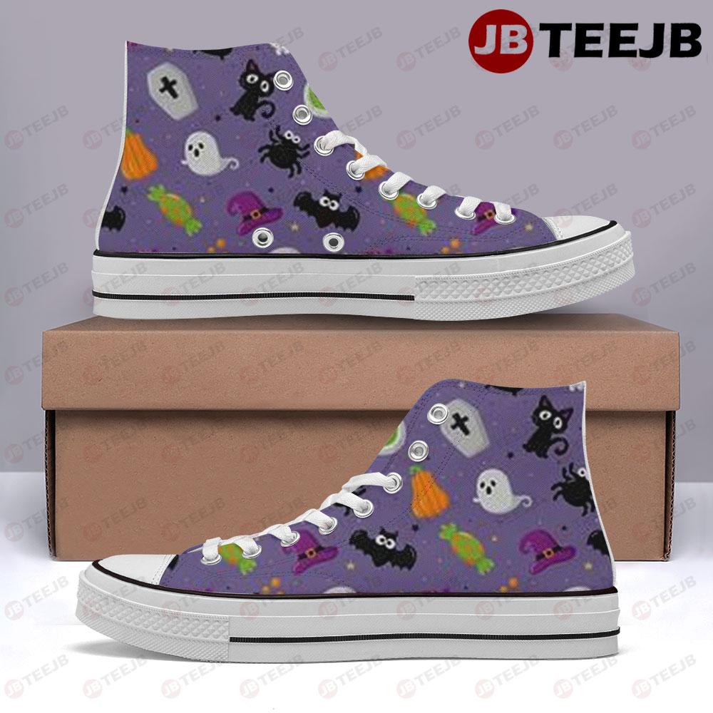 Candy Bats Cats Halloween Patter TeeJB High Top Retro Canvas Shoes