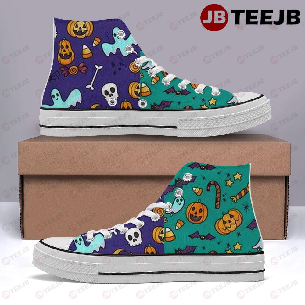 Candy Spiders Skulls Bats Boos Pumpkins Halloween Pattern TeeJB High Top Retro Canvas Shoes