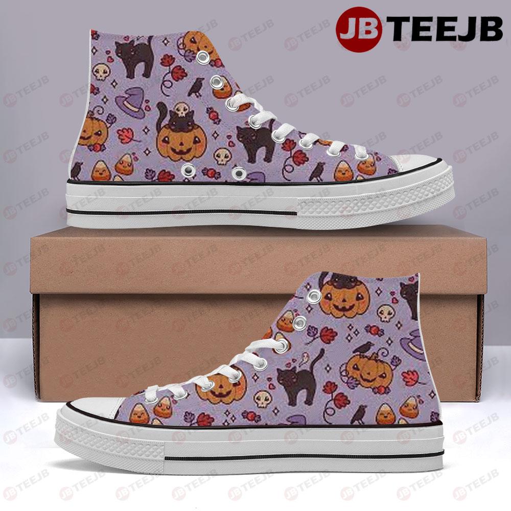 Candy Witch Hats Skulls Cats Pumpkins Halloween Pattern TeeJB High Top Retro Canvas Shoes