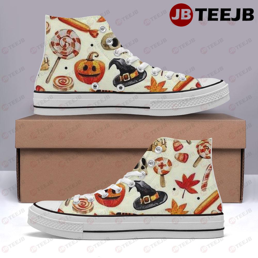 Candy Witch Hats Skulls Pumpkins Halloween Pattern TeeJB High Top Retro Canvas Shoes