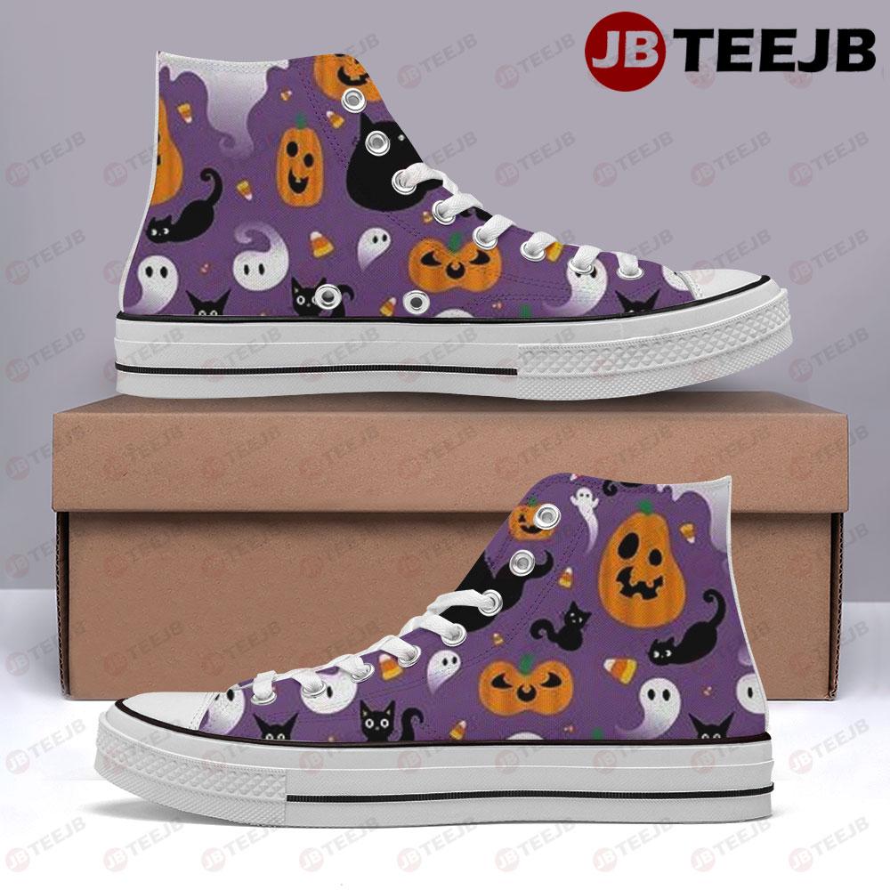 Cats Boos Pumpkins Halloween Pattern TeeJB High Top Retro Canvas Shoes