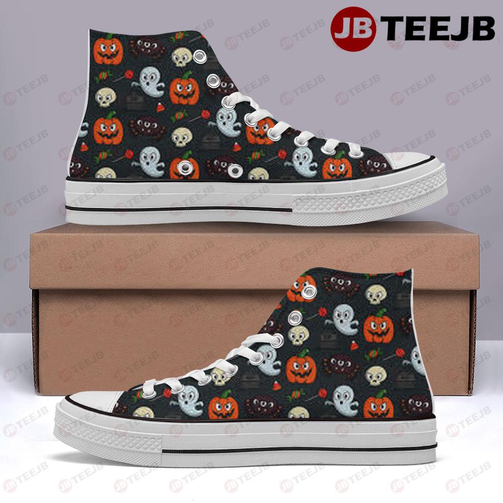 Ghosts Pumpkins Halloween Pattern 098 TeeJB High Top Retro Canvas Shoes
