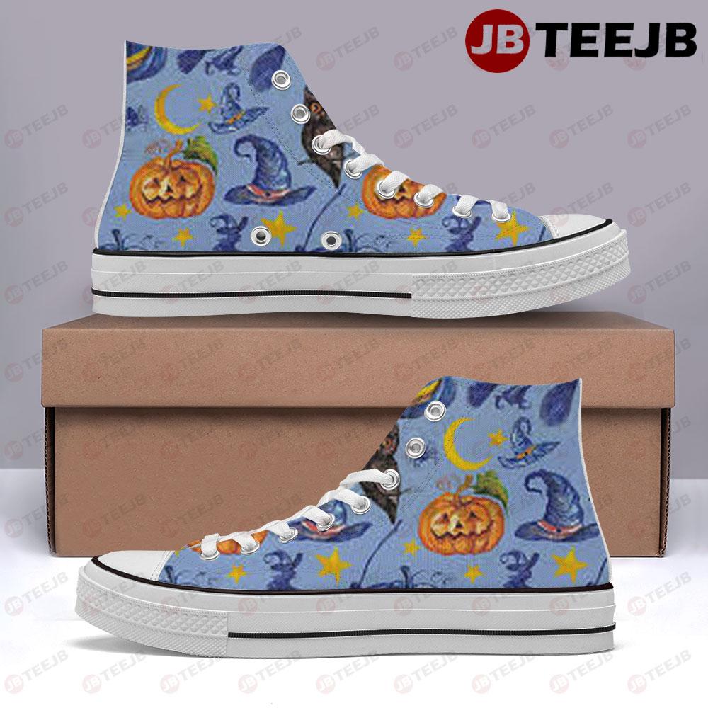 Owl Witch Hats Pumpkins Halloween Pattern TeeJB High Top Retro Canvas Shoes