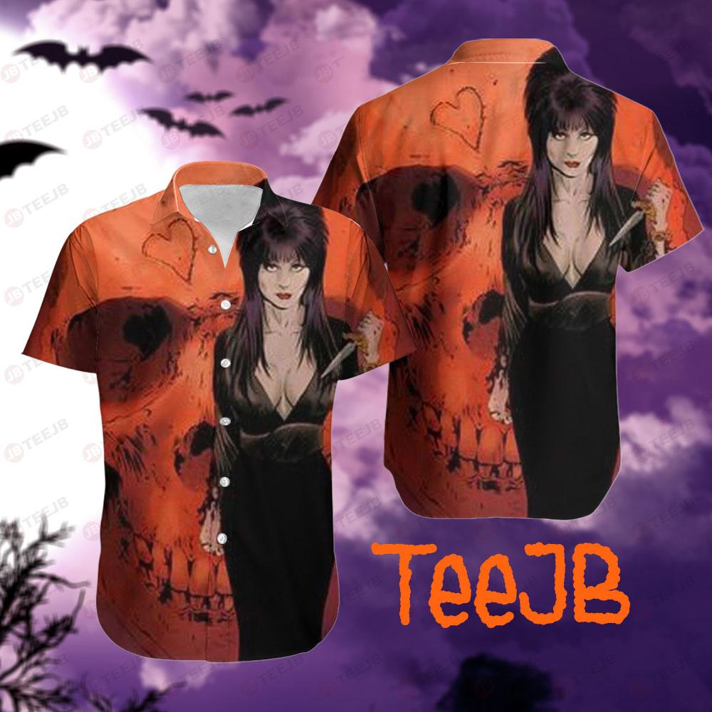 Skull Background Elvira Mistress Of The Dark Halloween TeeJB Hawaii Shirt