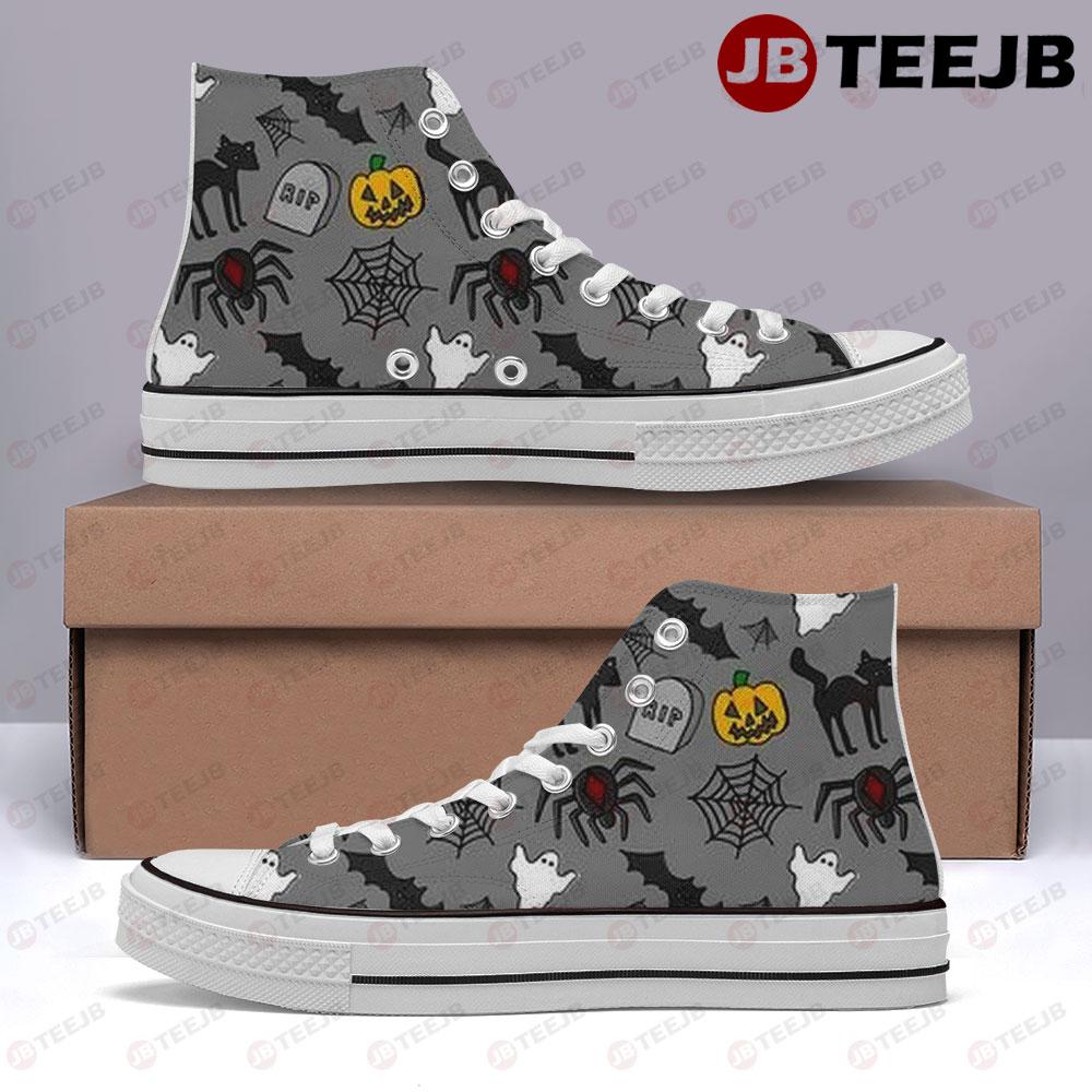 Spiders Bats Cats Boos Pumpkins Halloween Pattern 009 TeeJB High Top Retro Canvas Shoes