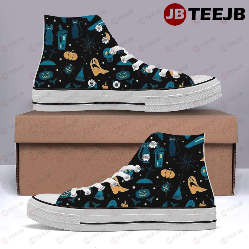 Spiders Bats Cats Ghosts Pumpkins Halloween Pattern 084 TeeJB High Top Retro Canvas Shoes