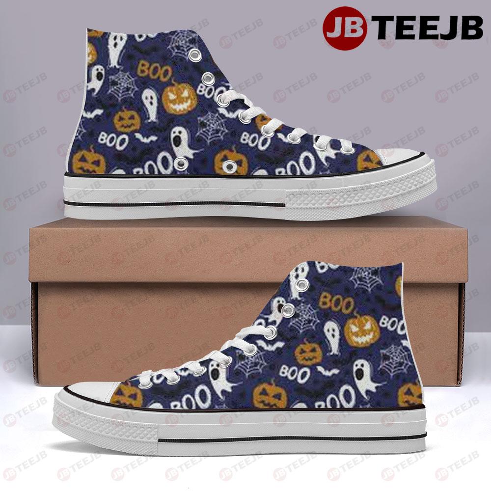 Spiders Bats Ghosts Pumpkins Halloween Pattern 067 TeeJB High Top Retro Canvas Shoes