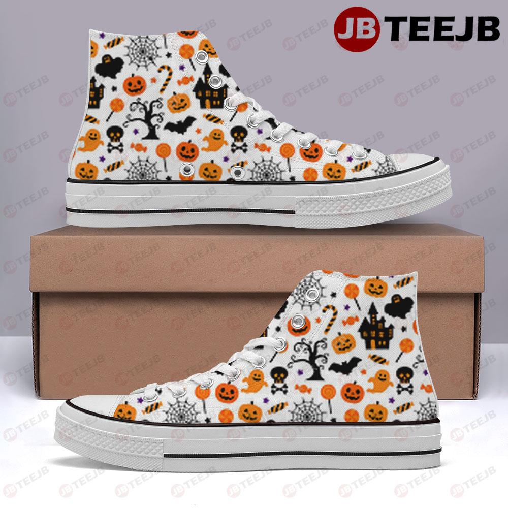 Spiders Skulls Bats Pumpkins Halloween Pattern 027 TeeJB High Top Retro Canvas Shoes