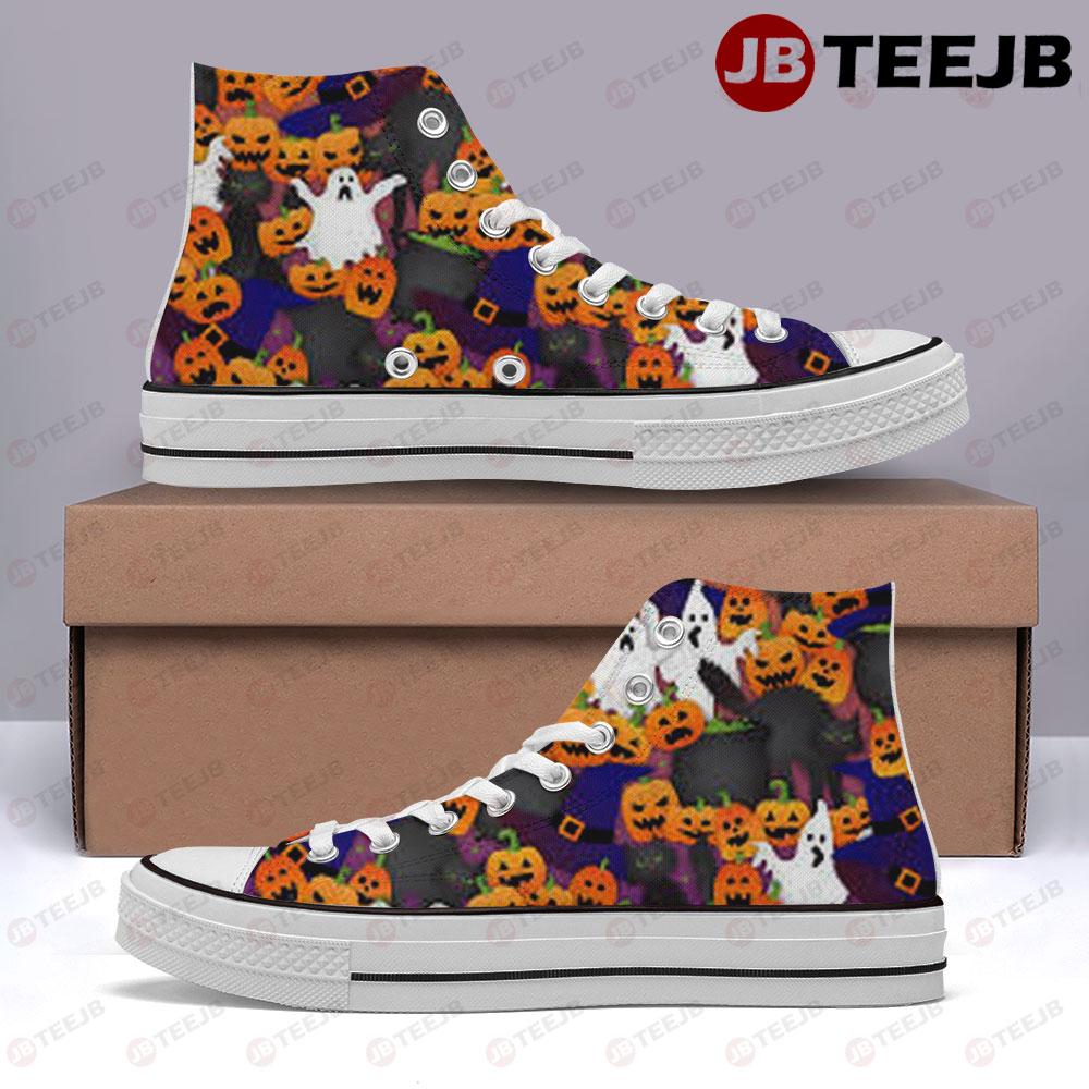 Witch Hats Ghosts Pumpkins Halloween Pattern TeeJB High Top Retro Canvas Shoes