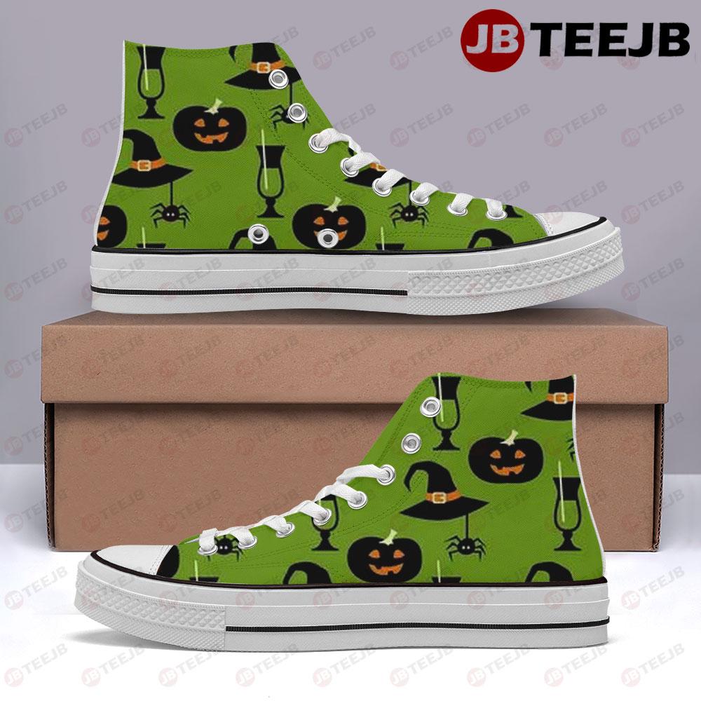 Witch Hats Spiders Pumpkins Halloween Pattern 076 TeeJB High Top Retro Canvas Shoes