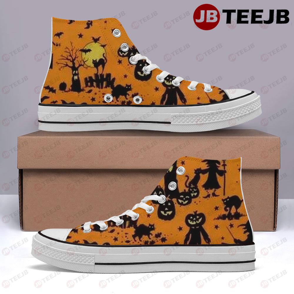 Witchs Bats Cats Halloween Pattern 060 TeeJB High Top Retro Canvas Shoes