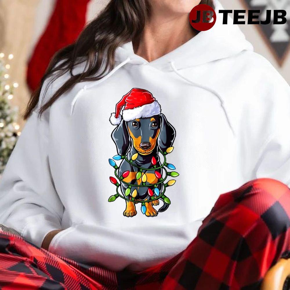 Dachshund Santa Hat Christmas Lights Happy Holidays Season TeeJB Unisex Hoodie