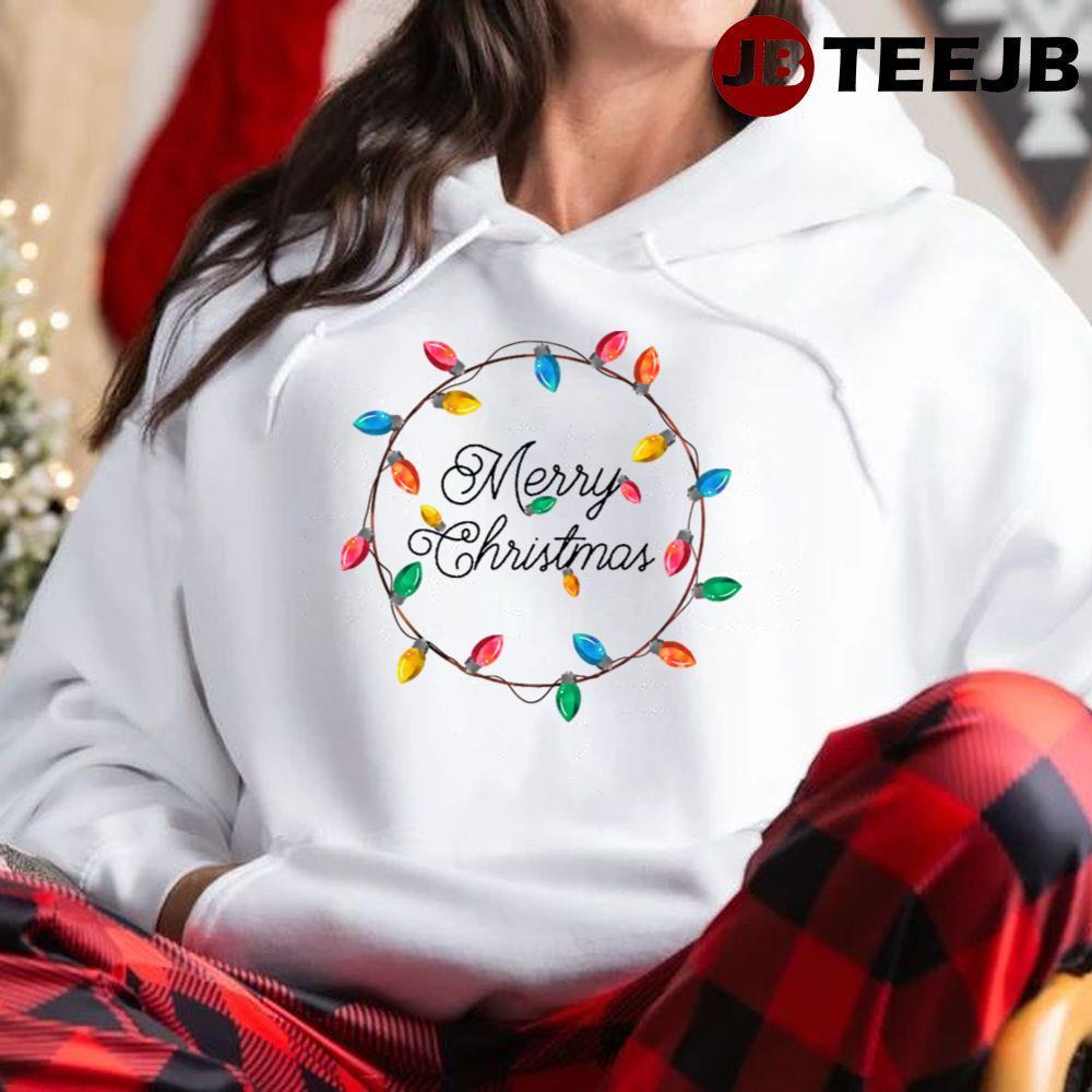 Merry Christmas Wreath Of Retro Christmas Lights TeeJB Unisex Hoodie