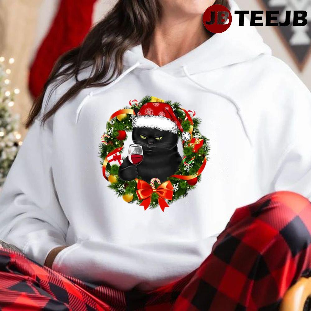 Funny Black Cat And Wine Christmas Wreath Ornament TeeJB Unisex Hoodie