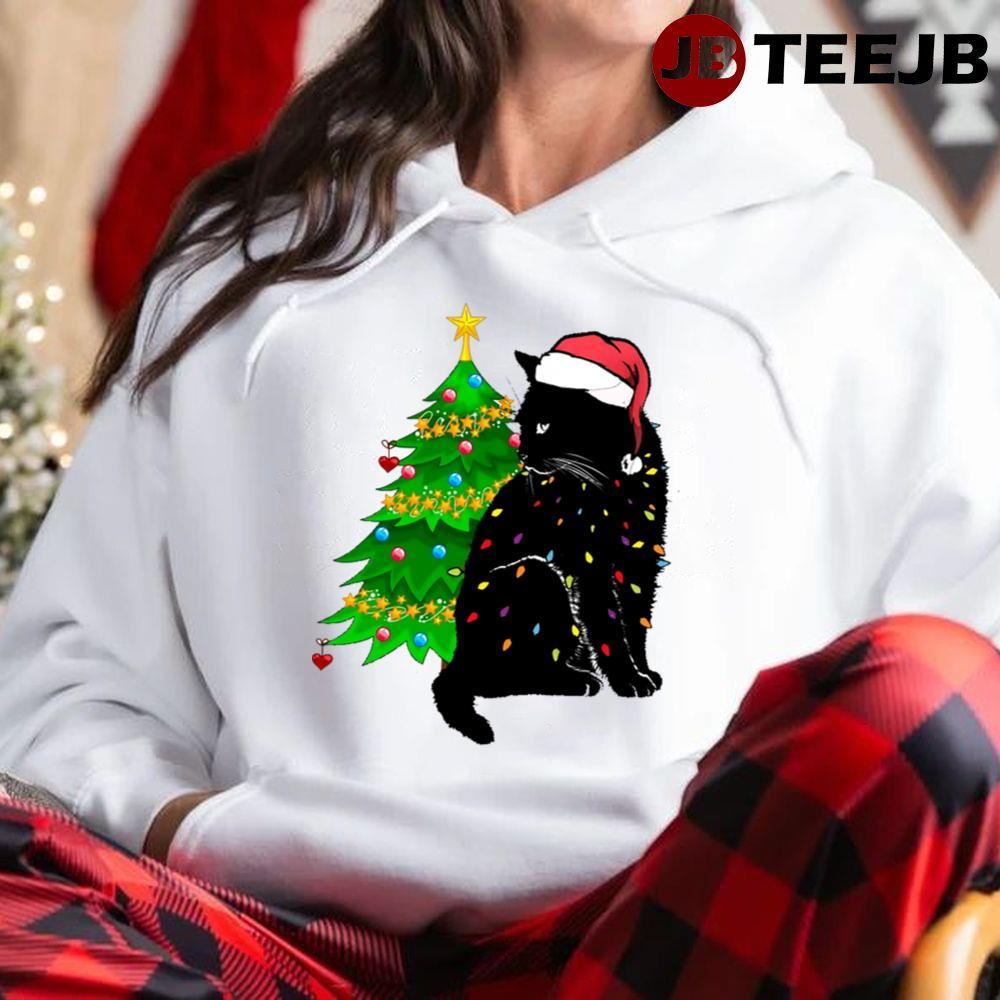 Black Cat Christmas Light Funny Cat Lover Christmas TeeJB Unisex Hoodie